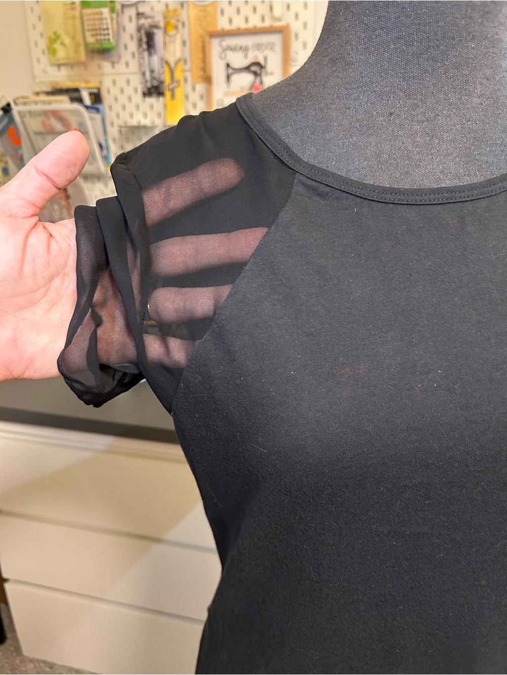 Theyskens' Theory Black Short Sleeve Tee with Sheer Mesh Sleeves
